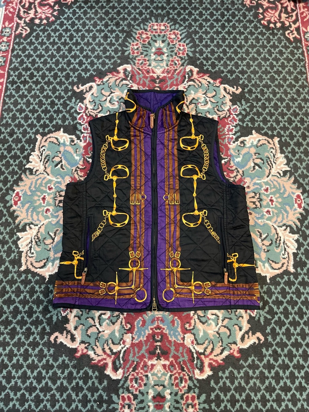 VTG Lauren Ralph Lauren Quilted Black & Purple Reversible Equestrian Print Vest